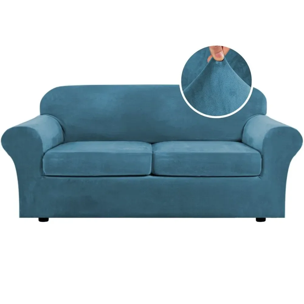 Real Velvet 3 Piece Stretch Sofa Cover (2 Cushion Up to 90 Inch, Peacock Blue)